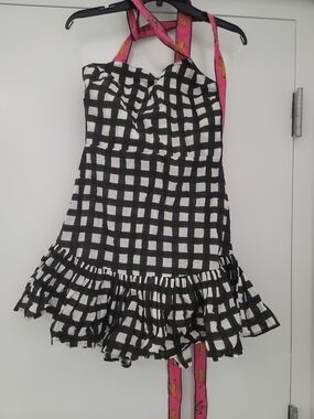 Mo Maya Luna Check and Leopard Print Strap Square Neckline Sleeveless Mini Dress